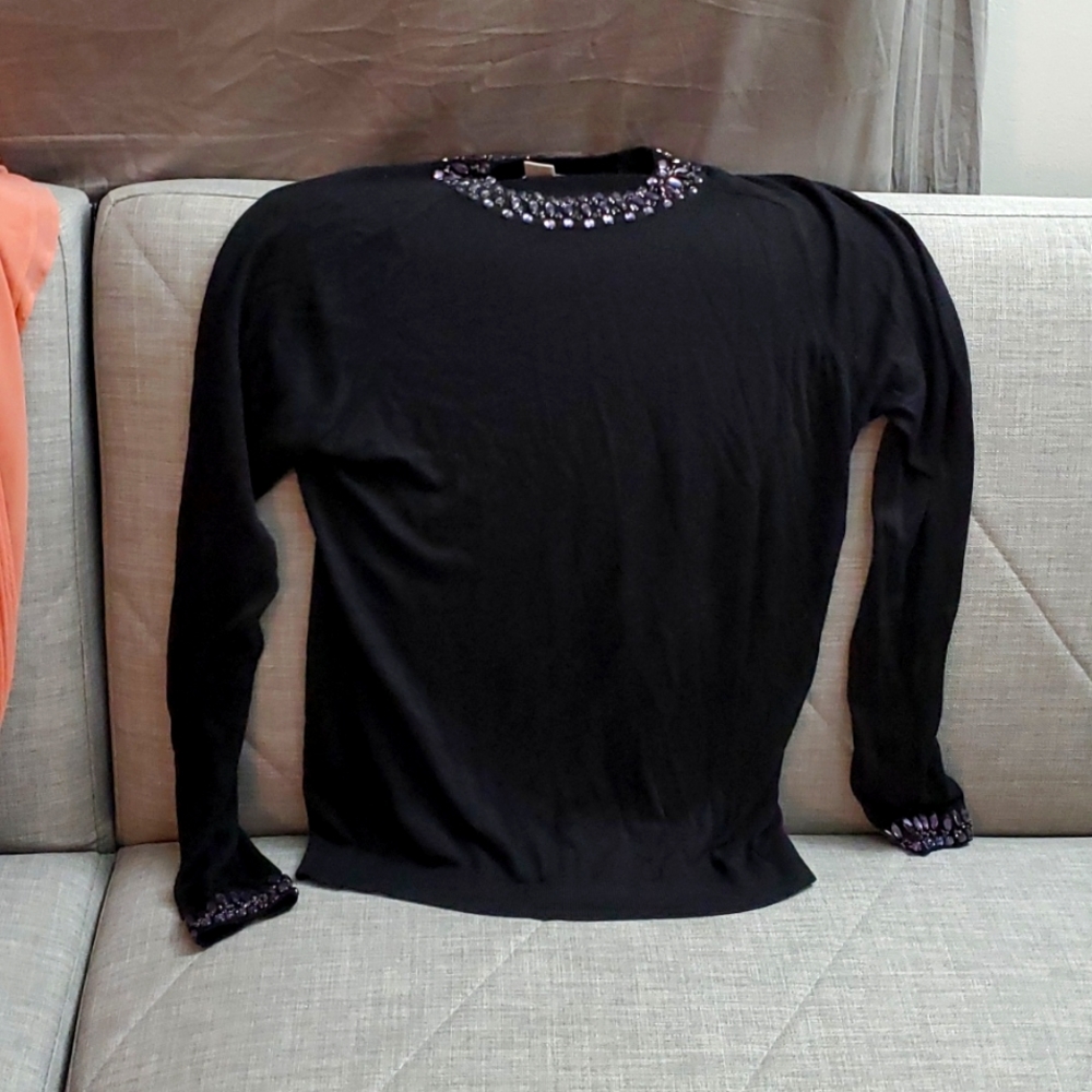 H & M large black long sleeve with lavender beads on neck and sleeves